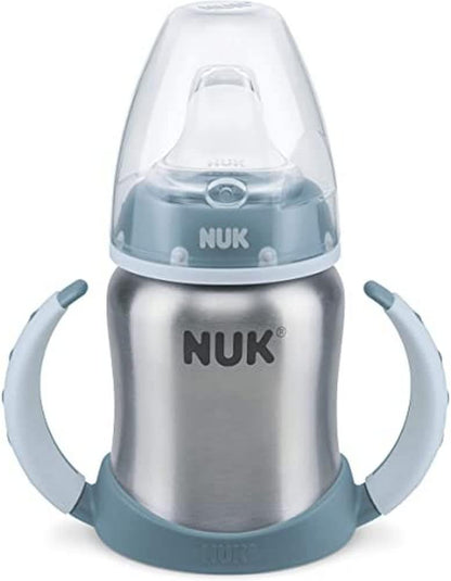 NUK First Choice+ Stainless Steel Learner Cup Sippy Cup | 6-18 Months | Leak-Proof Silicone Spout | Anti-Colic Vent | BPA-Free | 125ml | Blue | 1 Count