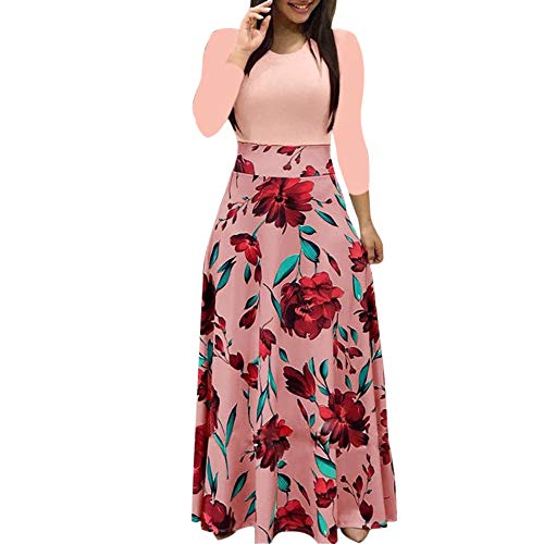 Fankle Women's Dress Bohemian Polka Dots Floral Print Maxi Dress O-Neck Long Sleeve A-Line High Waist Long Beach Dresses Casual Sundress