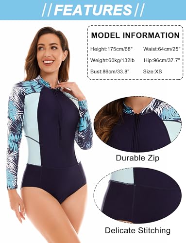 Maeau Women's Long Sleeve Rash Guard UV Protection Zipper Printed Surfing One Piece Swimsuit Bathing Suit