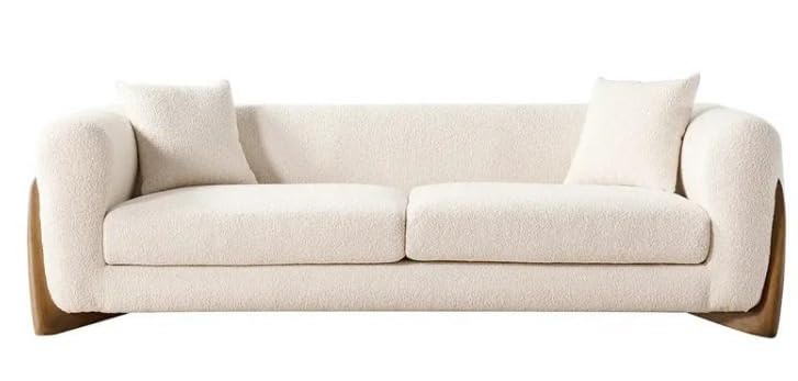 Italian Design Living Room Teddy Sofa Upholstered White Boucle Fabric Solid Canaletta Walnut Feet Luxury Lambwool Sofa