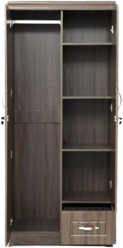 ALWASIT HOME Mehruddin 2 Door Wooden Wardrobe With Mirror with One Lockable Drawer (Without assembly, White)