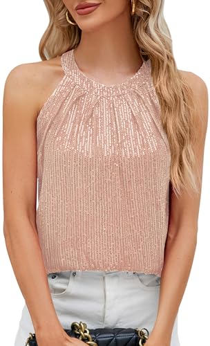 KEOYA Womens Sequin Halter Tops Sparkly Disco Outfit Concert Outfit Evening Party Club Tank Shirt Vest Tank Tops Tee