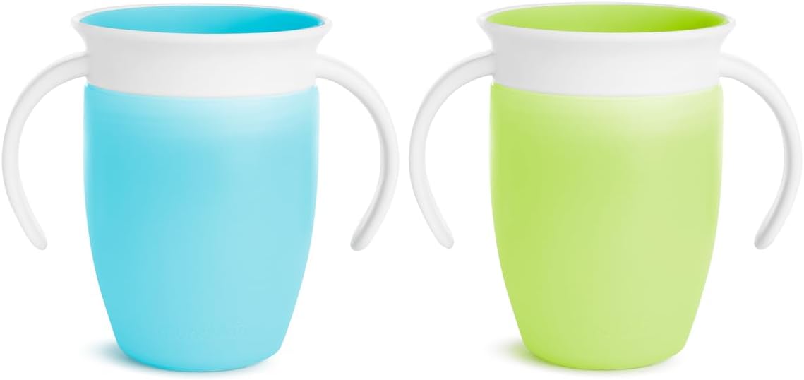 Munchkin Miracle 360 Sippy Cup, Trainer Toddler Cup, BPA Free Baby & Toddler Cups w.Handles, Non Spill Cup, Dishwasher Safe Baby Cup, Leakproof Childrens Cup, 6+ Months - 7oz/207ml, 2 Pack, Blue/Green