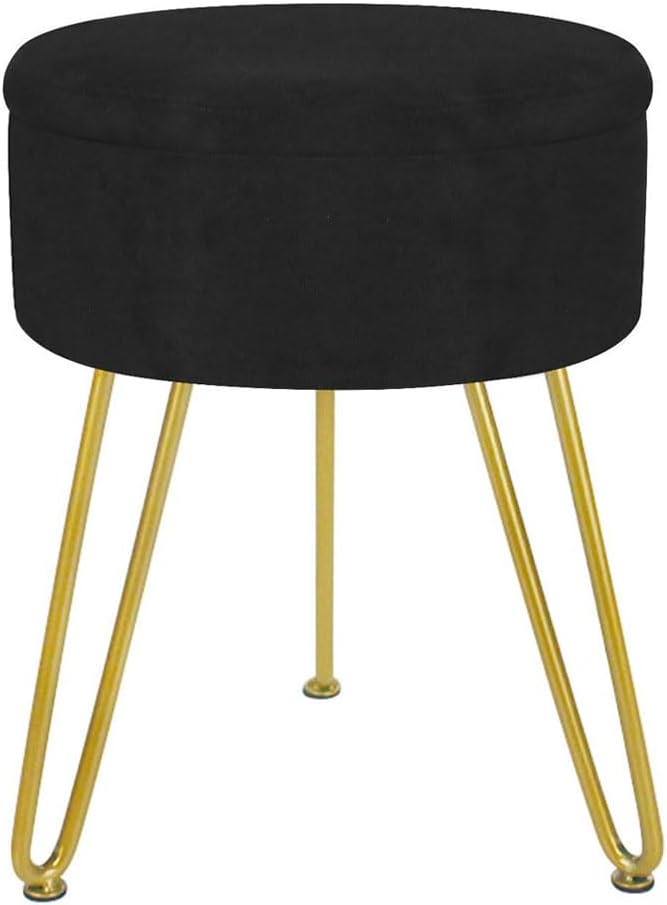 Round Velvet Storage Foot Stool,Multifunctional Vanity Stools,Upholstered Round Storage Ottomans Multipurpose,Ottoman Footrest Stool with Metal Legs For Living Room,Bedroom(Black)