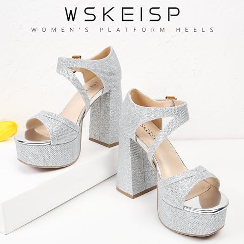 WSKEISP Platform Chunky Heels for Women Trendy Square Toe Heeled Sandals Black White Pink Silver Gold High Heels Ankle Strap Party Wedding Dress Pumps