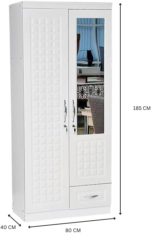 ALWASIT HOME Mehruddin 2 Door Wooden Wardrobe With Mirror with One Lockable Drawer (Without assembly, White)