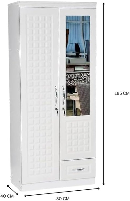 ALWASIT HOME Mehruddin 2 Door Wooden Wardrobe With Mirror with One Lockable Drawer (Without assembly, White)