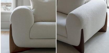 Italian Design Living Room Teddy Sofa Upholstered White Boucle Fabric Solid Canaletta Walnut Feet Luxury Lambwool Sofa