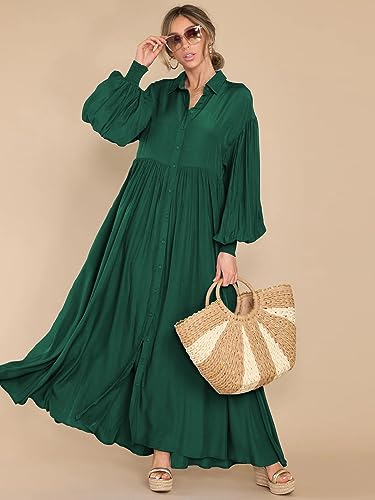 Women's Maxi Shirt Dress Button Down Long Sleeve Casual Flowy A-line Long Dress