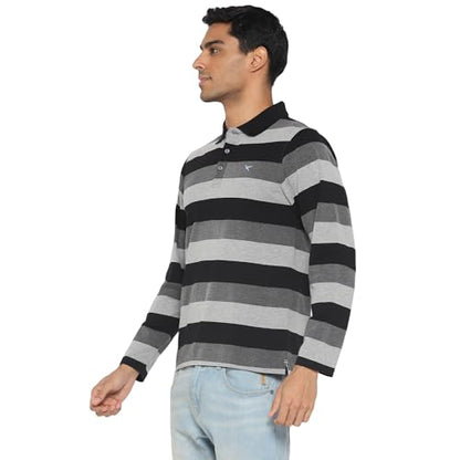 Deniklo Men's Polo Collar Full Sleeves Striped T-Shirt with Embroidery DK 240