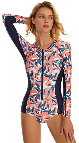 Maeau Women's Long Sleeve Rash Guard UV Protection Zipper Printed Surfing One Piece Swimsuit Bathing Suit