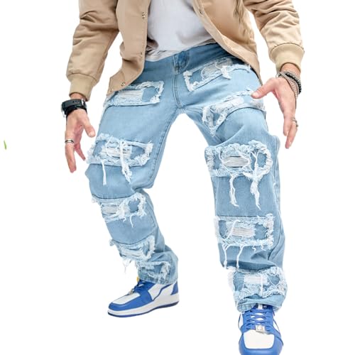 WEIBUMAOYI Men's Loose Fit Pants Relaxed-Fit Men Jeans Washed Oversize Straight Leg Carpenter Jean