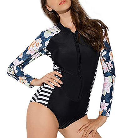 Maeau Women's Long Sleeve Rash Guard UV Protection Zipper Printed Surfing One Piece Swimsuit Bathing Suit