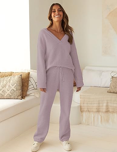 MEROKEETY Women's 2 Piece Outfits Fuzzy Fleece Pajama Set Long Sleeve Top Wide Leg Pants Loungewear