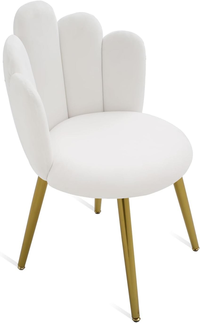 Lepdep Vanity Chair for Makeup Room - Midcentury Modern Accent Chair for Living Room Bedroom, Makeup Chair with Back Support Velvet Chair with Gold Legs (White)