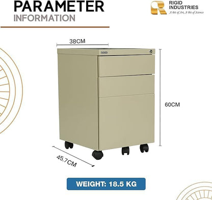 RIGID Steel Mobile Pedestal 2 Box Drawers & one file drawer pedestal Unit Modern & Sleek Office Furniture (Beige)