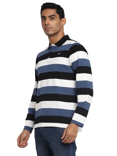 Deniklo Men's Polo Collar Full Sleeves Striped T-Shirt with Embroidery DK 240