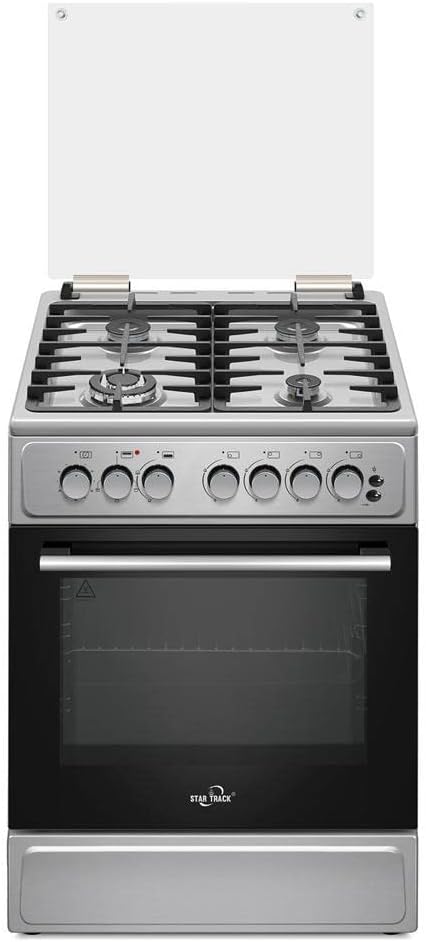 Star Track 60x60cm Freestanding Cooker with Convection Fan, Full Gas Cooking Range with 4 Burners, Automatic Ignition & Full Safety, Cast Iron Pan Support, Double Knob for Grill & Oven Control