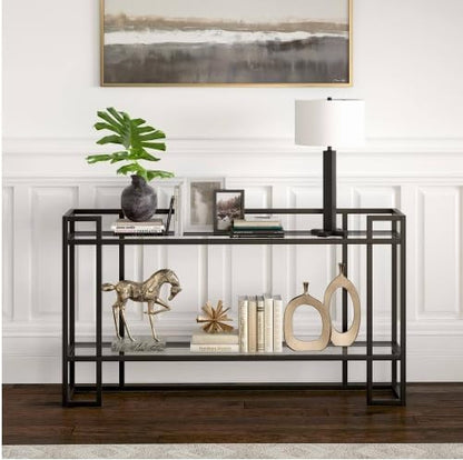 HOMETASTE Glass Console Table Metal Console Table with Dual Clear Glass Shelve Entryway Table Narrow Modern Console Table TV Stand Dressing Table Stand Modern Hallway Table (Golden)