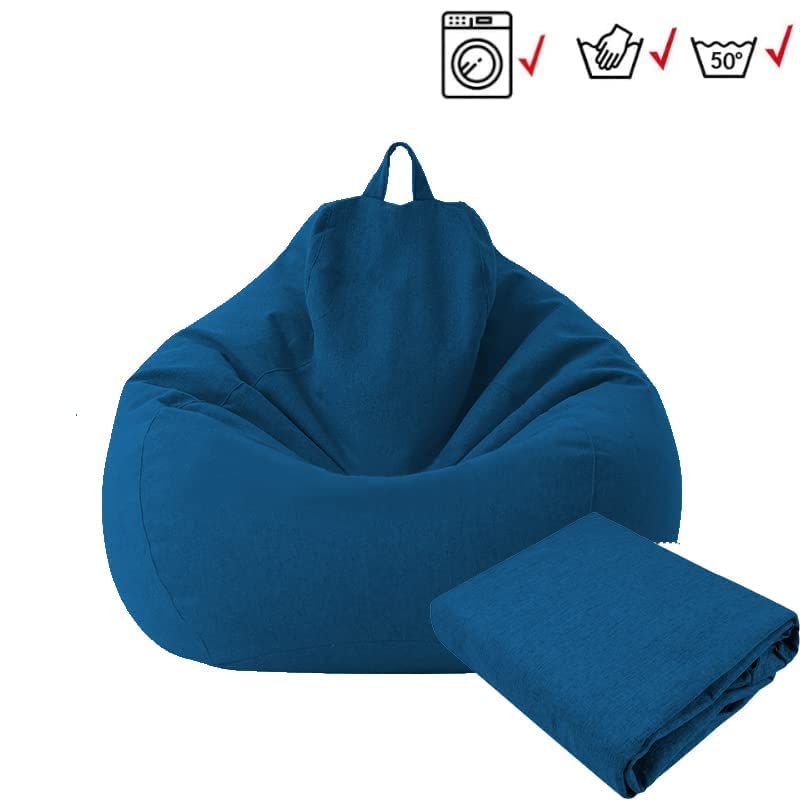 KODENG Large Small Lazy Sofas Cover Chairs Without Filler Linen Cloth Lounger Seat Bean Bag Pouf Puff Couch Tatami Living Room Beanbags (Blue, 70x80cm)