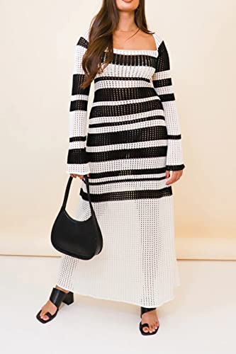 Womens Striped Square Collar Knit Hollow Out Long Sleeve Crochet Maxi Dress