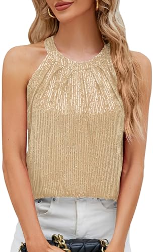 KEOYA Womens Sequin Halter Tops Sparkly Disco Outfit Concert Outfit Evening Party Club Tank Shirt Vest Tank Tops Tee