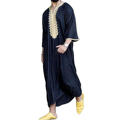 Men Dress Embroidery Long Gown Thobe Robe Short Sleeve Sleepwear Nightshirt