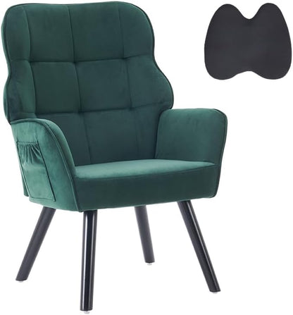 Deenziilix Modern Accent Chair, Mid-Century Velvet Armchair with Lumbar Pillow, Upholstered Tufted Comfy Chair, Single Sofa with Sturdy Wood Legs or Living Room/Bedroom/Office