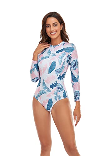 Women One Piece Swimsuit Printed Zipper Slim Long Sleeve Swimwear Bathing Suit