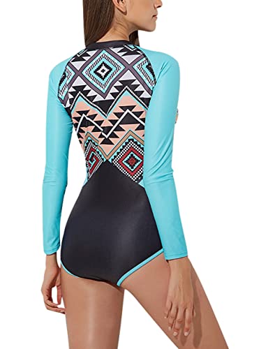 Maeau Women's Long Sleeve Rash Guard UV Protection Zipper Printed Surfing One Piece Swimsuit Bathing Suit