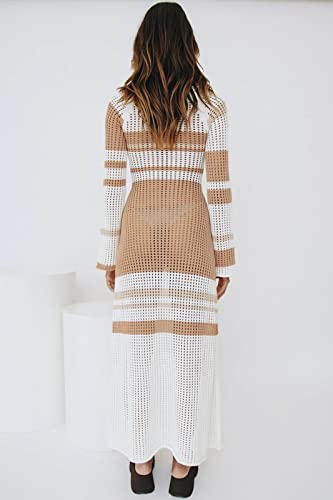 Womens Striped Square Collar Knit Hollow Out Long Sleeve Crochet Maxi Dress