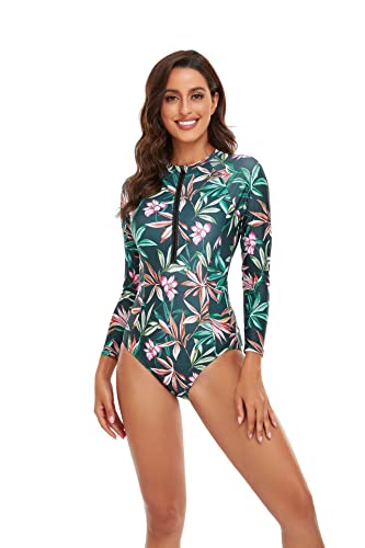 Women One Piece Swimsuit Printed Zipper Slim Long Sleeve Swimwear Bathing Suit