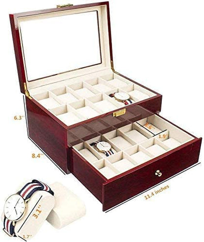 Homarket Wood Watch Box 20 Slots Glass Top Mens Watch Display Case Watch Box Organizer For Men Women Jewelry Storage Case With 20 Removable Soft Cushions Collection Boxes