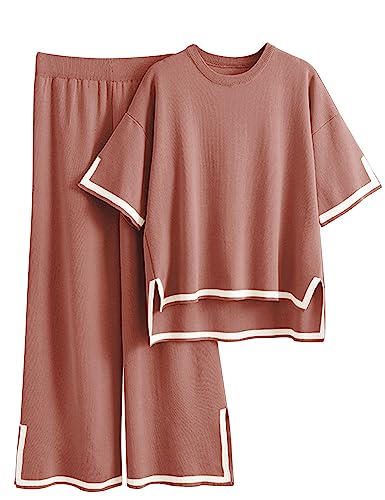 Faleave Womens Knit 2 Piece Sweater Sets Short Sleeve Pullover Tops Elastic Waist Wide Leg Pants Lounge Set