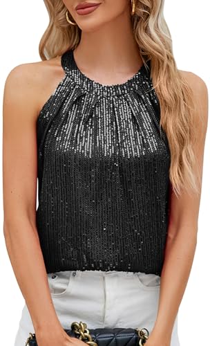 KEOYA Womens Sequin Halter Tops Sparkly Disco Outfit Concert Outfit Evening Party Club Tank Shirt Vest Tank Tops Tee