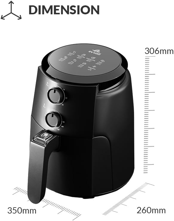 evvoli Air Fryer 4 Litres with Timer Temperature Adjustable Control and 8 Preset Programs 1500W, EVKA-AF4001BS Black