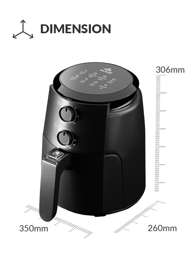 evvoli Air Fryer 4 Litres with Timer Temperature Adjustable Control and 8 Preset Programs 1500W, EVKA-AF4001BS Black