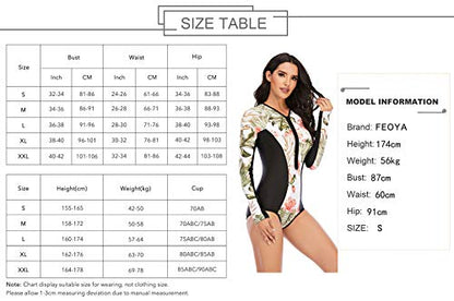 Maeau Women's Long Sleeve Rash Guard UV Protection Zipper Printed Surfing One Piece Swimsuit Bathing Suit