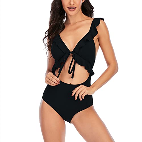 Women's One Piece Swimsuit Slimming V Neck Bathing Suit Sexy Cutout Ruffled Lace Up Swimwear Monokini High Waisted Tummy Control Swimming Suits