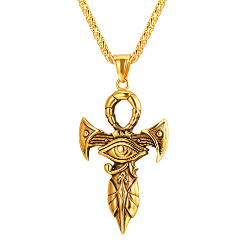 U7 Ancient Egyption Jewelry Stainless Steel 18K Gold Plated Eye of Horus Necklace, Ankh Cross Pendant, Men Women Fashion Jewelry with Chain 22 Inch, Send Gift Box