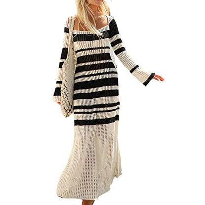 Womens Striped Square Collar Knit Hollow Out Long Sleeve Crochet Maxi Dress