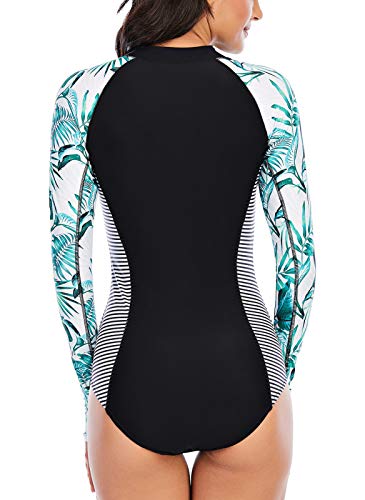 Maeau Women's Long Sleeve Rash Guard UV Protection Zipper Printed Surfing One Piece Swimsuit Bathing Suit