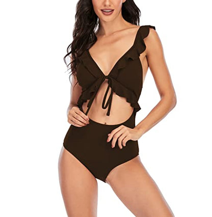 Women's One Piece Swimsuit Slimming V Neck Bathing Suit Sexy Cutout Ruffled Lace Up Swimwear Monokini High Waisted Tummy Control Swimming Suits