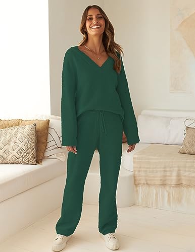 MEROKEETY Women's 2 Piece Outfits Fuzzy Fleece Pajama Set Long Sleeve Top Wide Leg Pants Loungewear