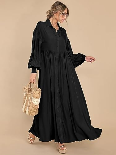 Women's Maxi Shirt Dress Button Down Long Sleeve Casual Flowy A-line Long Dress