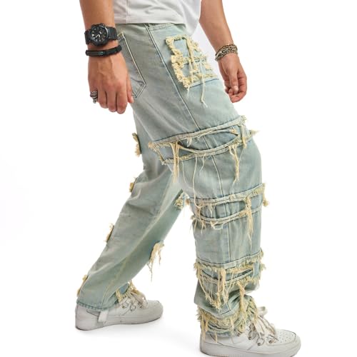 WEIBUMAOYI Men's Loose Fit Pants Relaxed-Fit Men Jeans Washed Oversize Straight Leg Carpenter Jean