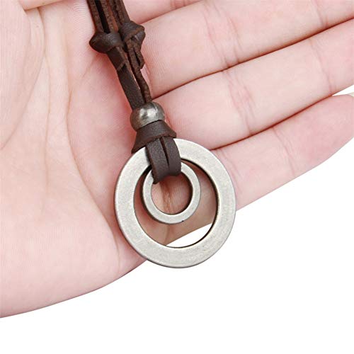 JczR.Y Leather Necklace for Men Double Circle Rings Leather Rope Pendant Necklace Punk Leather Chain Disc Ring Necklace Vintage Jewelry Gift