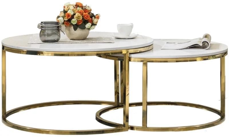 Coffee Table Set of 2 for Living Room, Round Coffee Table, Nested Table, Tea table, End Side Table, Sofa Table for Home/Office, Modern White,The leg is golden