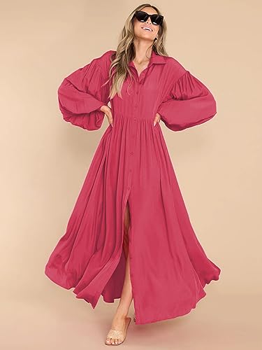 Women's Maxi Shirt Dress Button Down Long Sleeve Casual Flowy A-line Long Dress