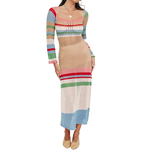 Womens Striped Square Collar Knit Hollow Out Long Sleeve Crochet Maxi Dress